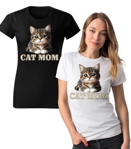Koszulka z Nadrukiem Cat Mom Damska