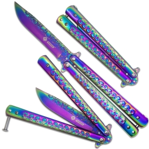 Nóż Motylkowy N436 Silver Skulls Rainbow